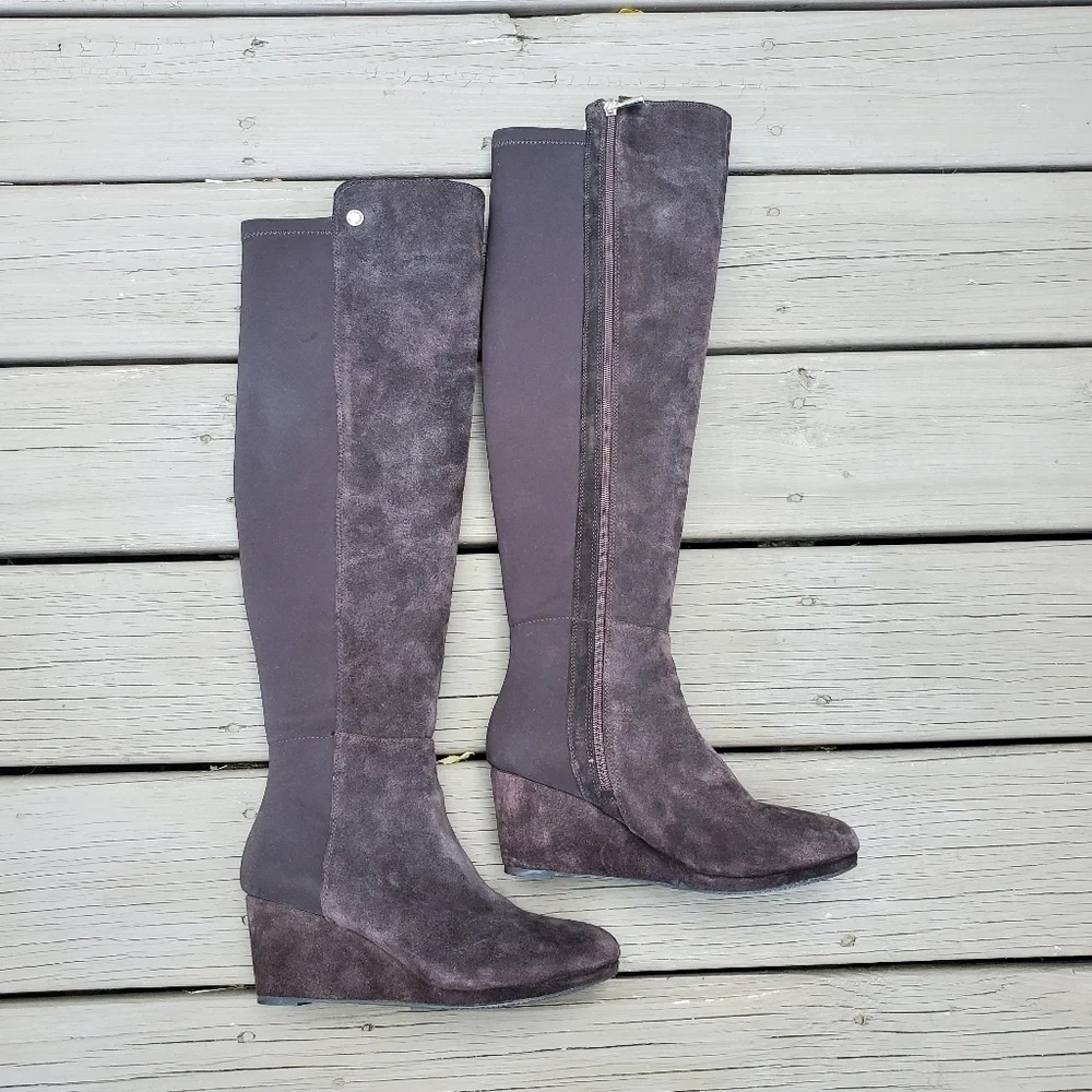 Vince Camuto Alexila Brown Suede Stretch Neoprene Over the Knee OTK Tall‎ Boots